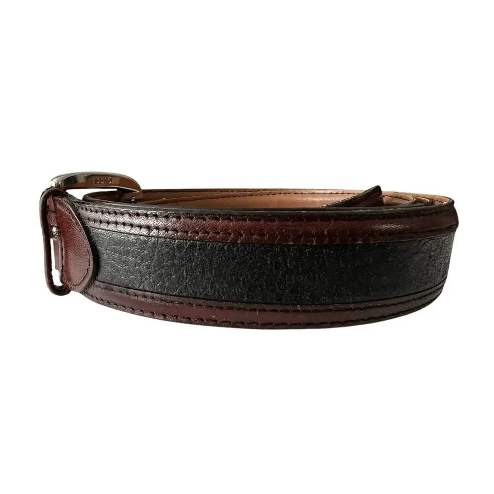 Johnston & Murphy Belt Men’s 44 Black Pebbled Leather & Brown Brass Buckle Italy
